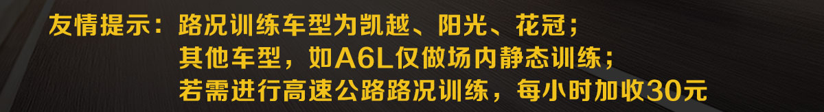 友情提示：路况训练车型为凯越、阳光、花冠；其他车型，如A6L仅做场内静态训练；若需进行高速公路路况训练，每小时加收30元